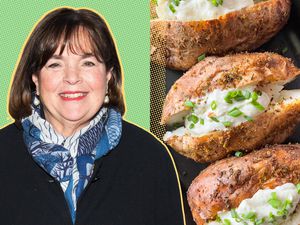 Ina Garten headshot on a green background next to an overhead view of three loaded baked potatoes