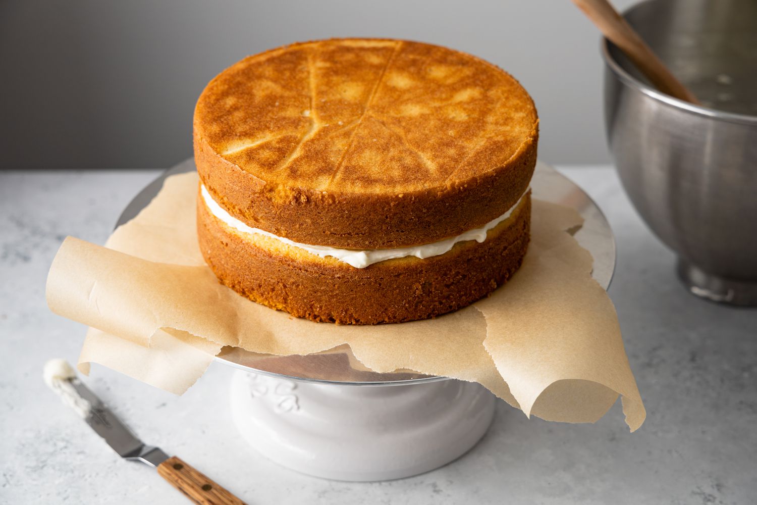 Lemon Lavender Cake Layers Stacked on a Cake Stand 