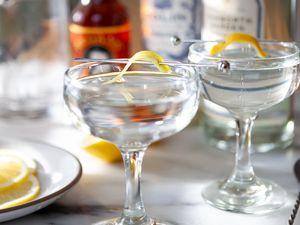 Close up of two Gin Martini Cocktails garnished with lemon twists.
