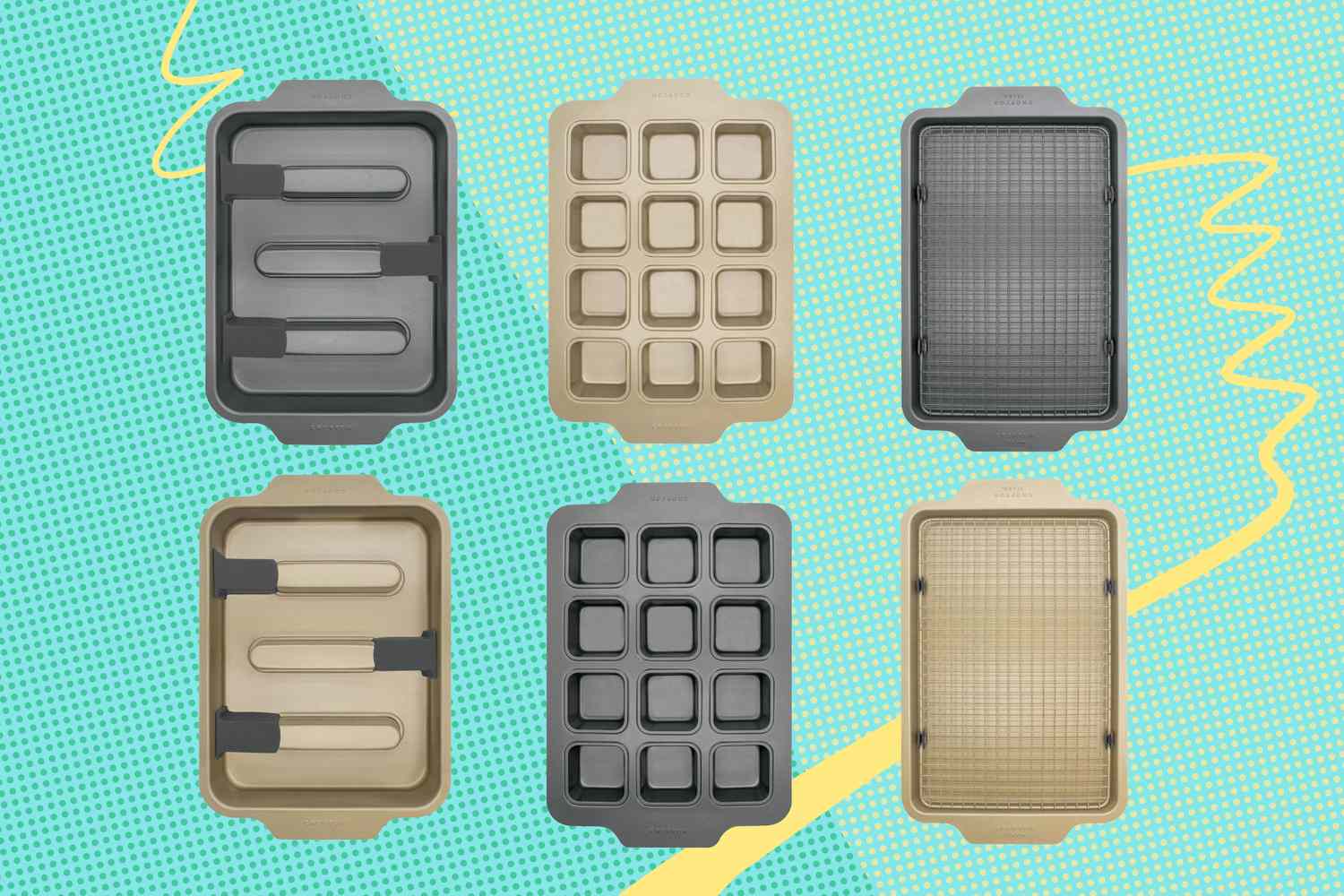 Assortment of six baking pans arranged in a grid showing different designs and purposes