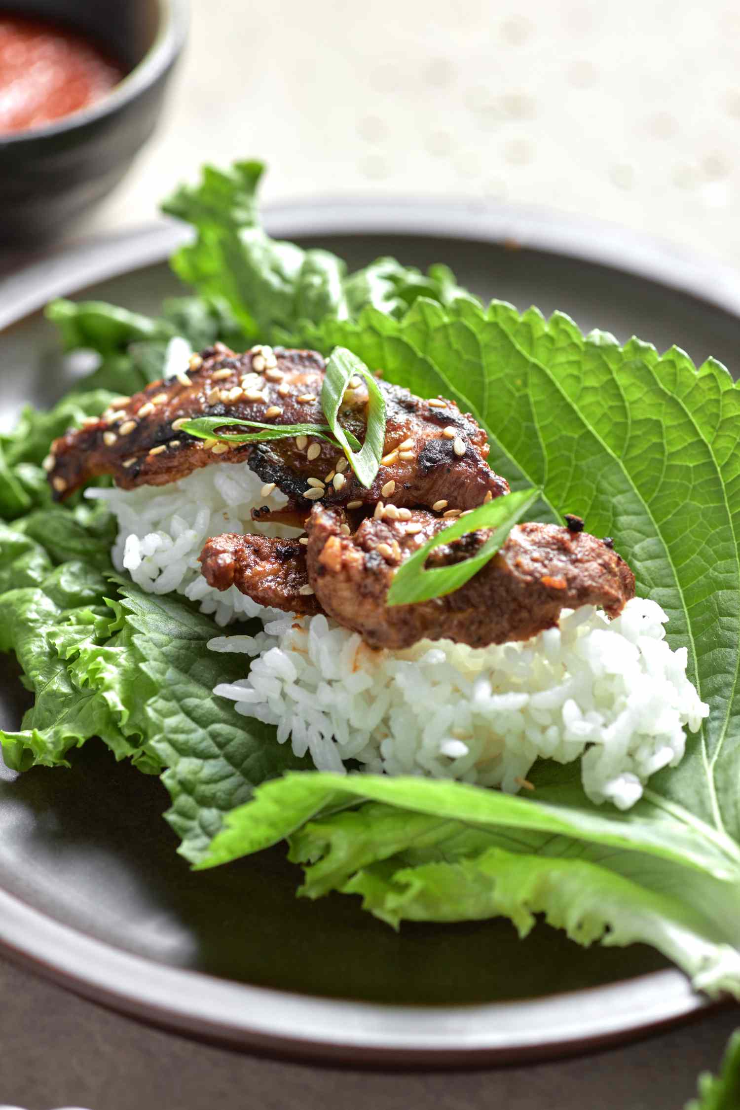 spicy pork bulgogi in a lettuce wrap