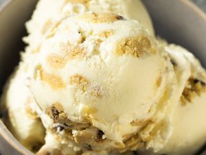 Scoops of cookie dough ice cream in a bowl