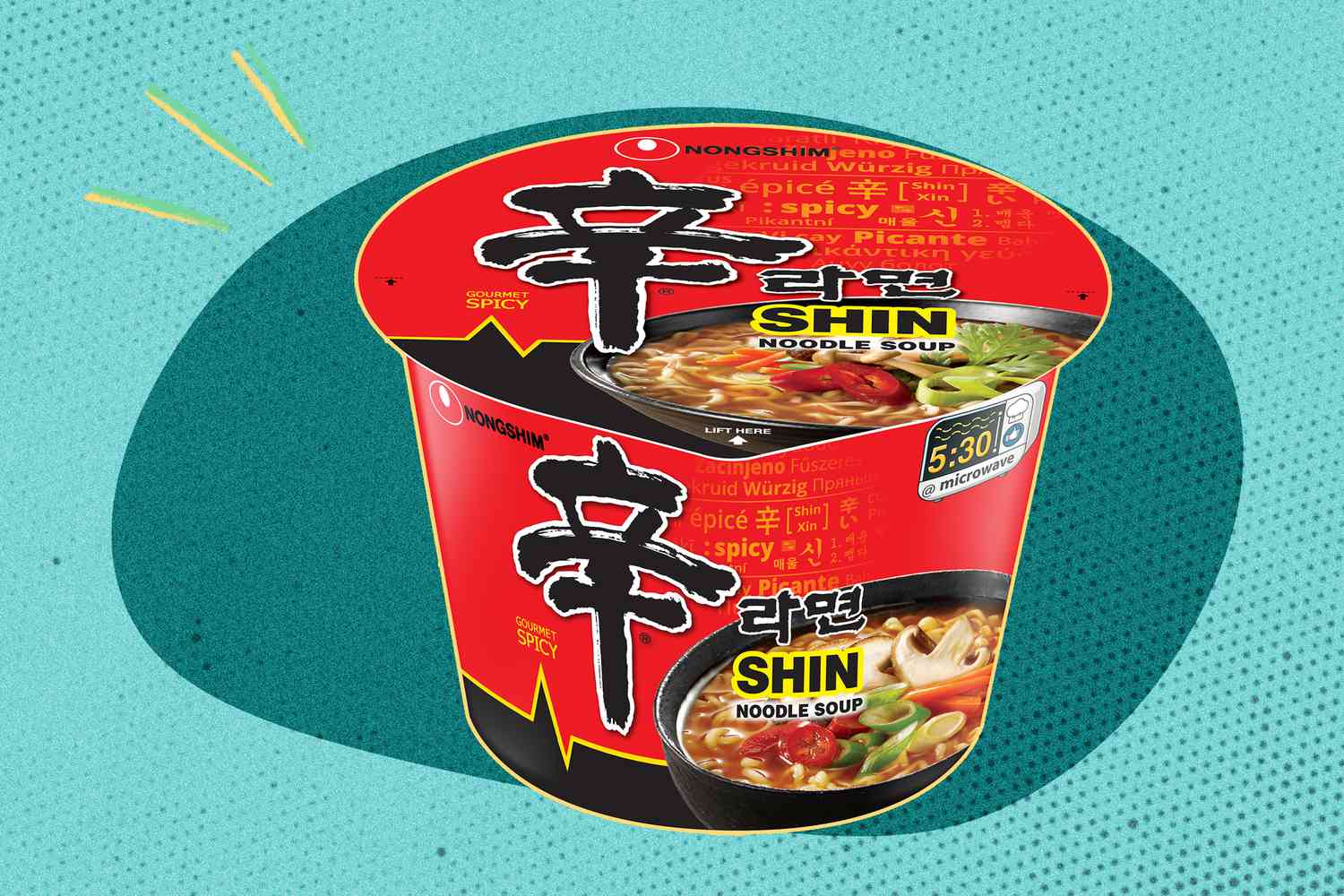 A container of Shin Ramen noodle soup on a blue background