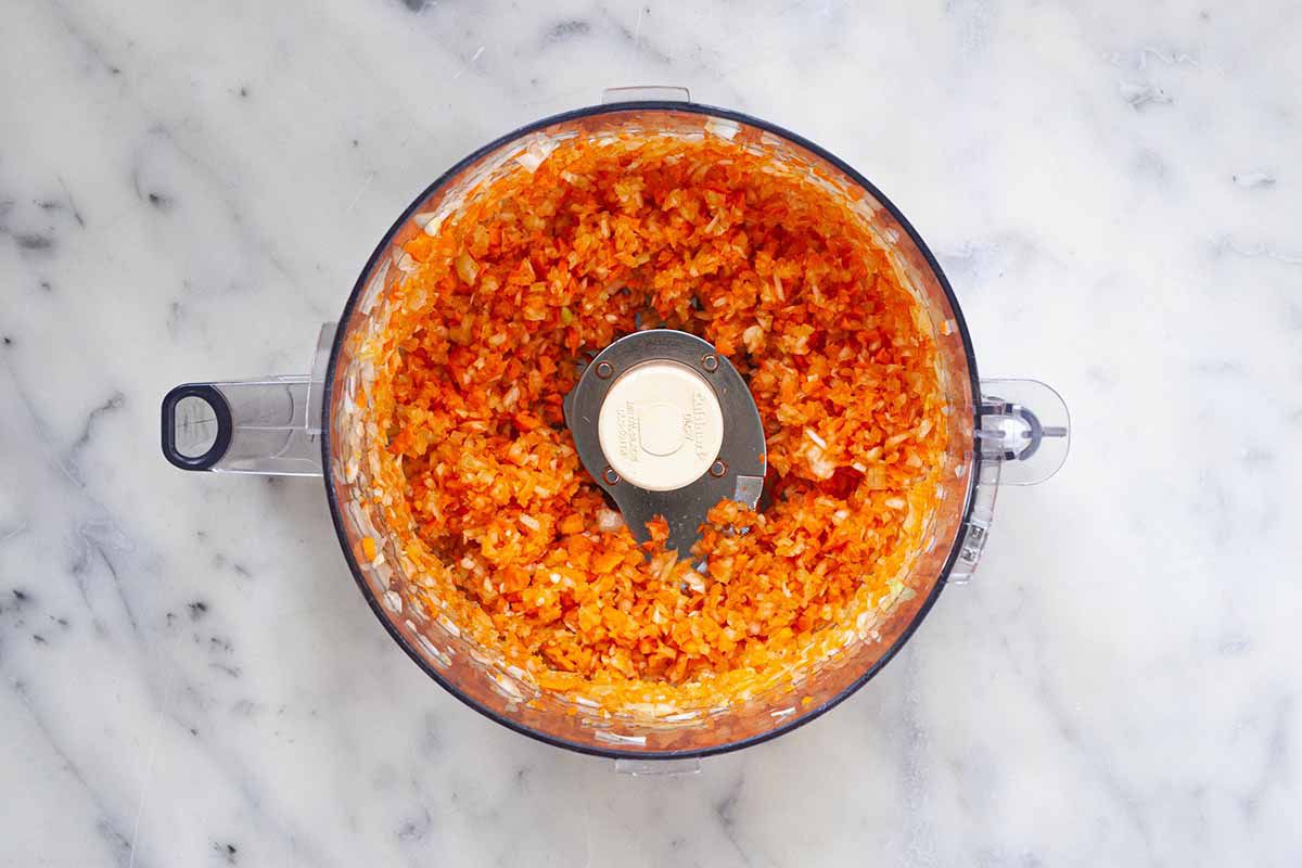 Soffritto in a food processor to be used for the best bolognese sauce.