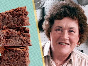 Julia Child photo next to a photo of her brownies (brownie pieces stacked) over a colorful background 