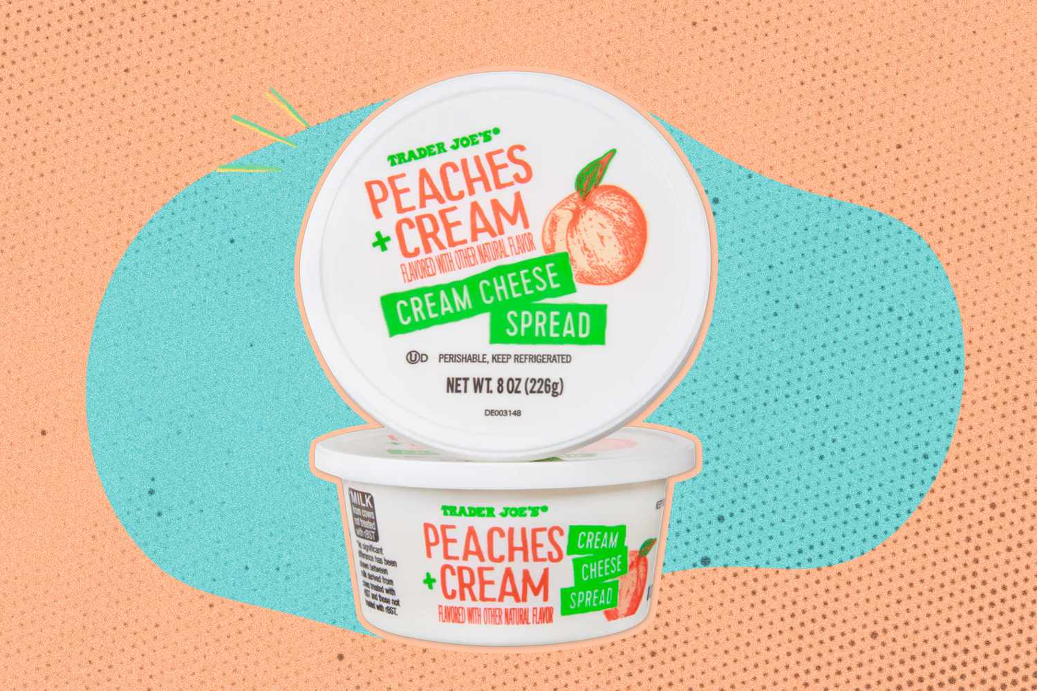 Trader Joe's peaches and cream cream cheese spread package over a coloreful background