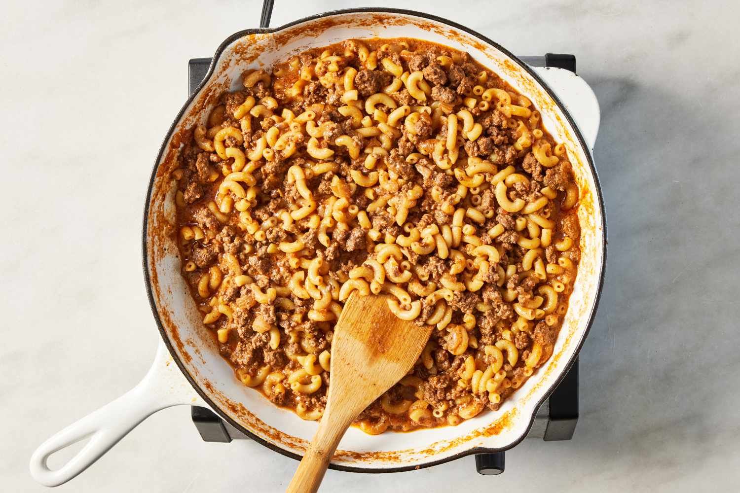 pasta added to hamburger helper beef sauce