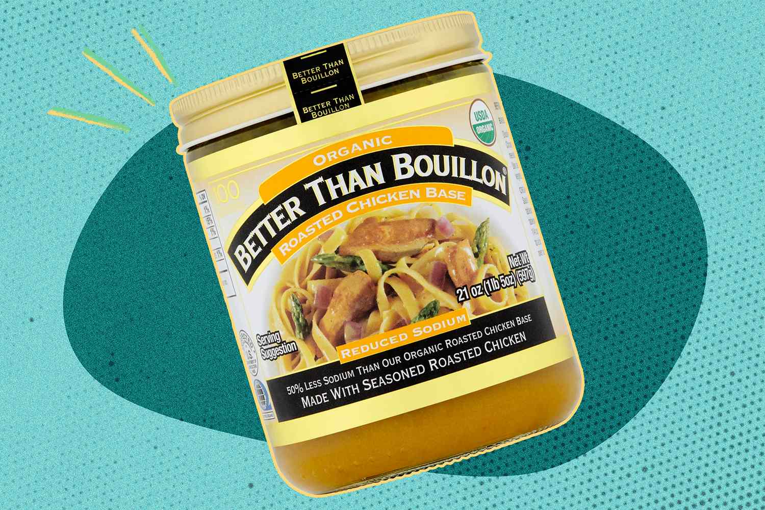 A jar of Better Than Bouillon roasted chicken base against a stylized background
