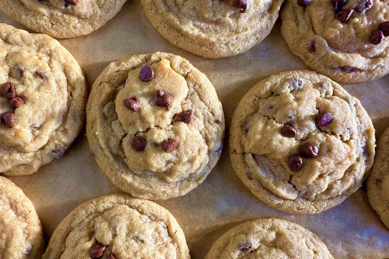 Overhead close up view of a baking sheet of chocolate chip cookies on parchment paper