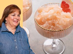 Ina Garten next to a glass of granita topped with a citrus garnish