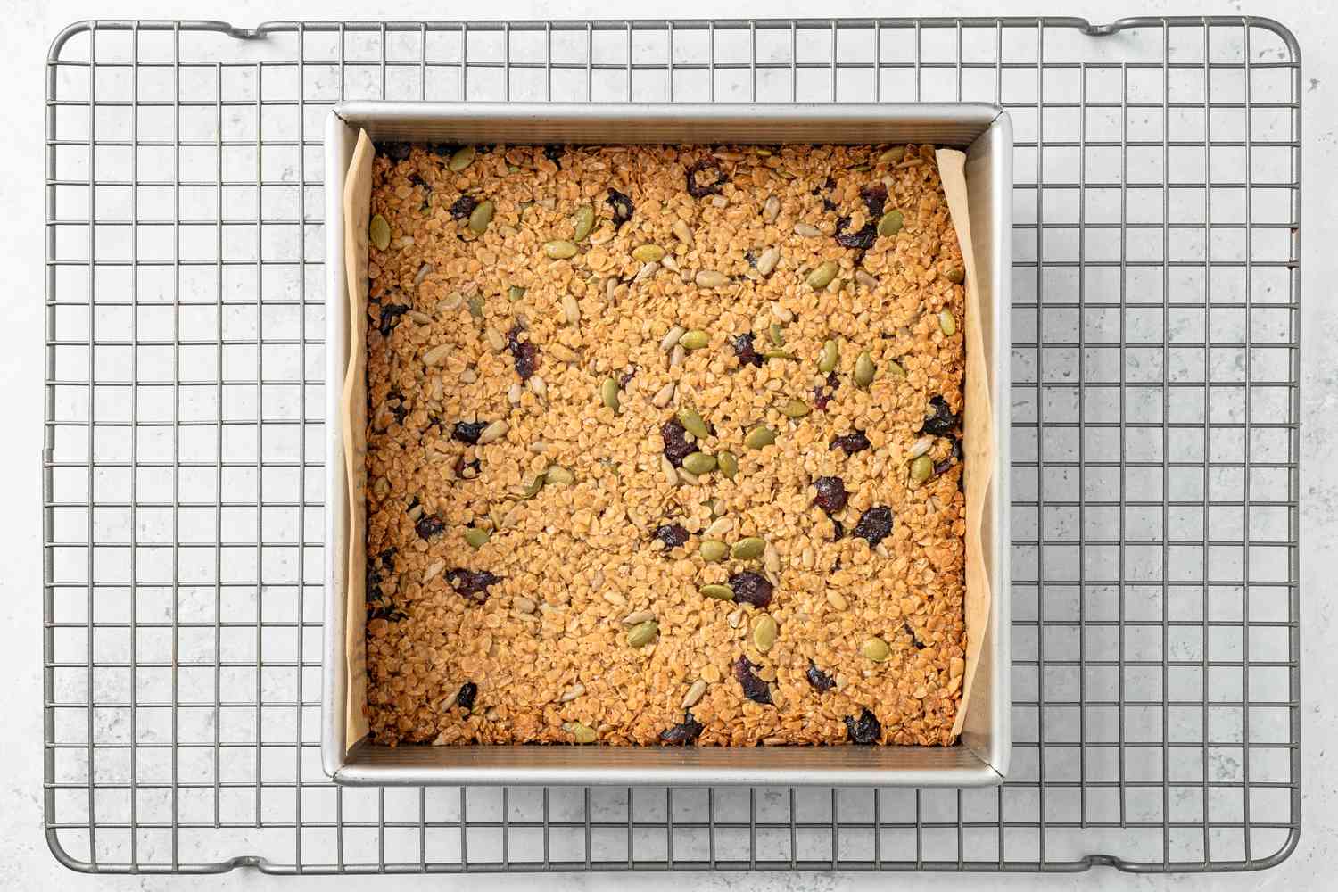 Baked Flapjacks Cooling in the Baking Pan on the Cooling Rack 