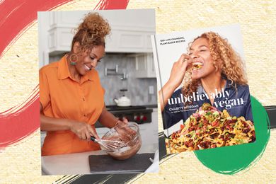 Collage of Charity Morgan and her cookbook "Unbelievably Vegan"