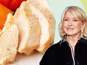 A split image of poached chicken slices and Martha Stewart