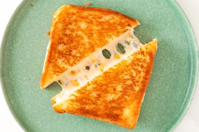 A grilled cheese sandwich cut in half placed on a plate