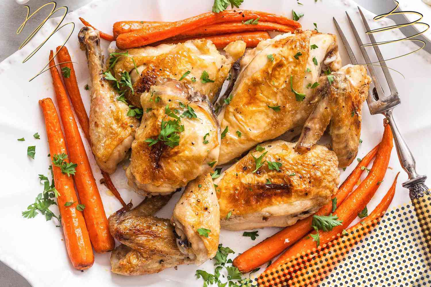 Photo of classic baked chicken and baked carrots (both topped with minced parsley) on a platter with a serving fork with yellow and deep gray dotted and lined illustrations
