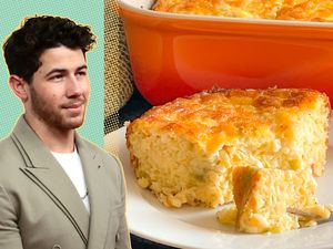 Photo of Nick Jonas superimposed over a photo of a slice of Chile Cheese Egg Casserole on a white plate with the orange casserole dish in the background