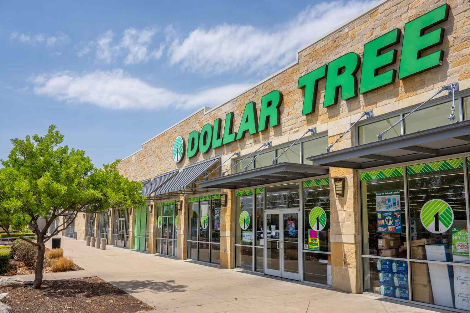 Exterior view of a Dollar Tree storefront featuring the store name on the building and an inviting entrance