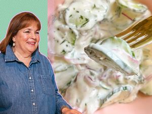 Ina Garten next to a cucumber salad
