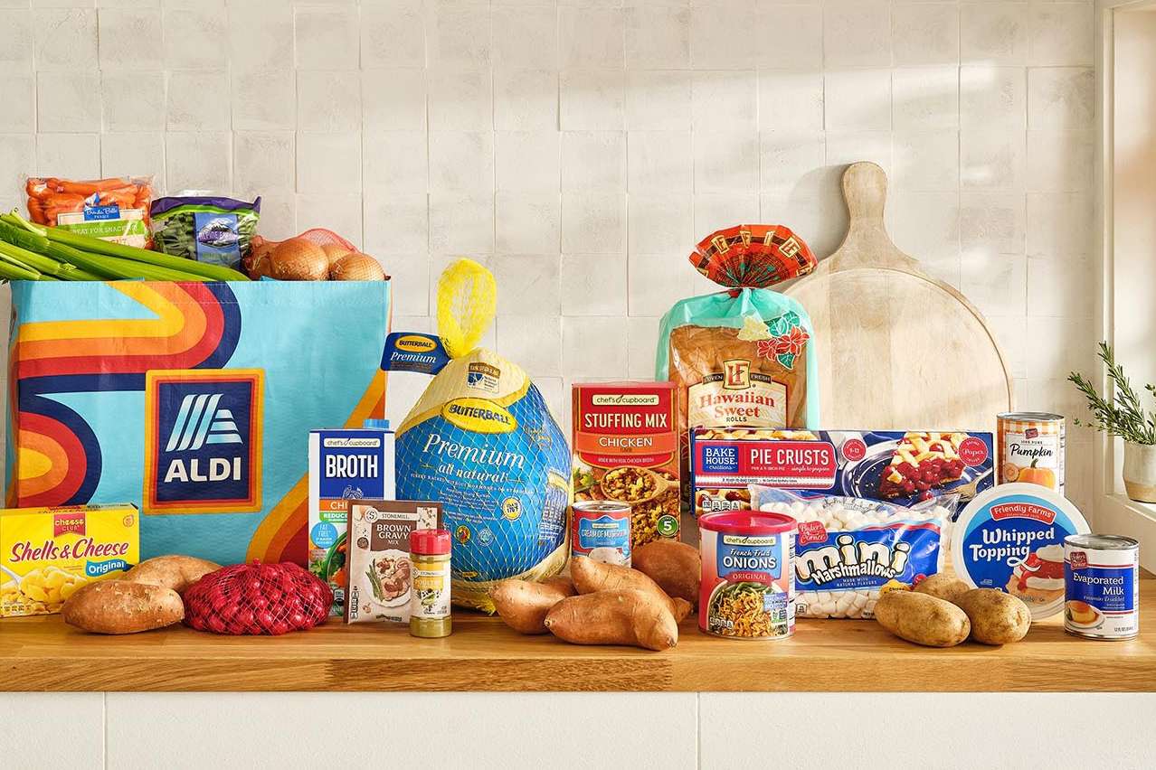 Al the items in the ALDI Thanksgiving bundle laid out on a countertop