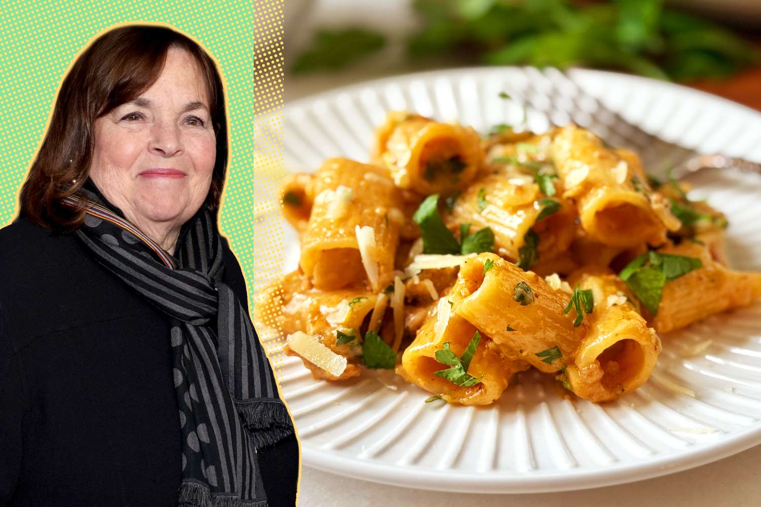A split image of Ina Garten and a plate of pasta with cheese and herbs