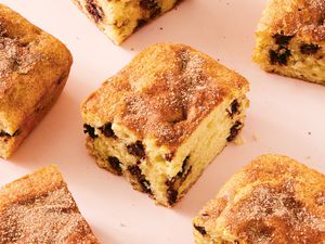 Squares of chocolate chip snickerdoodle cake on a counter