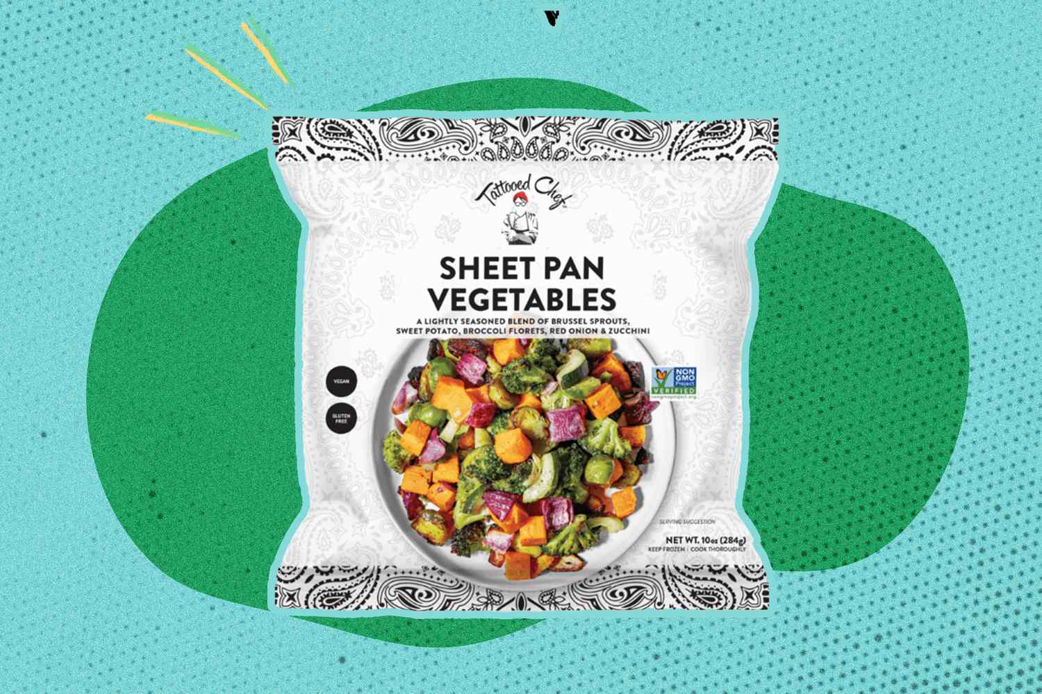 A bag of Tattooed Chef brand frozen sheet pan vegetables