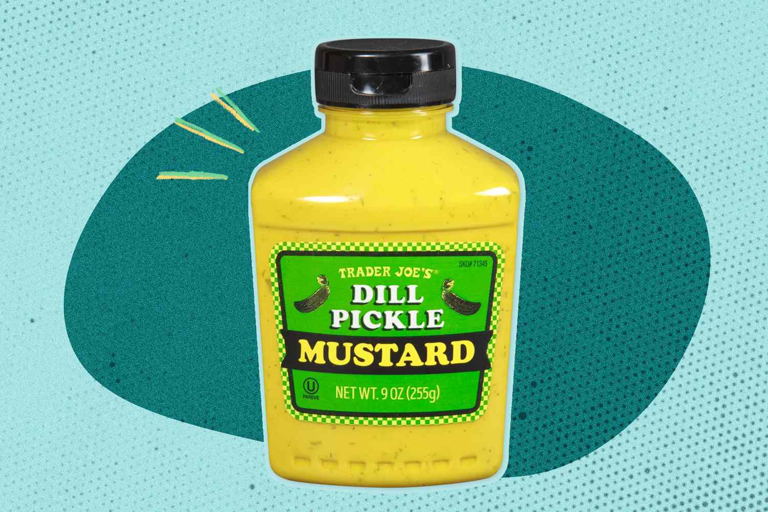 Trader Joe's Dill Pickle bottle on a blue background