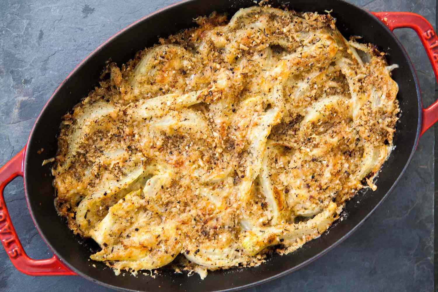 Fennel Gratin in an Oval Shaped Cast Iron Skillet 