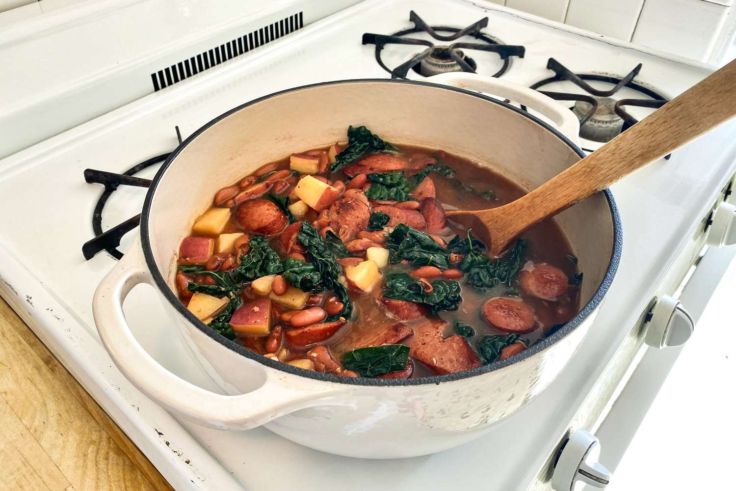 Alton Brown's Christmas Soup in a dutch oven on a stove