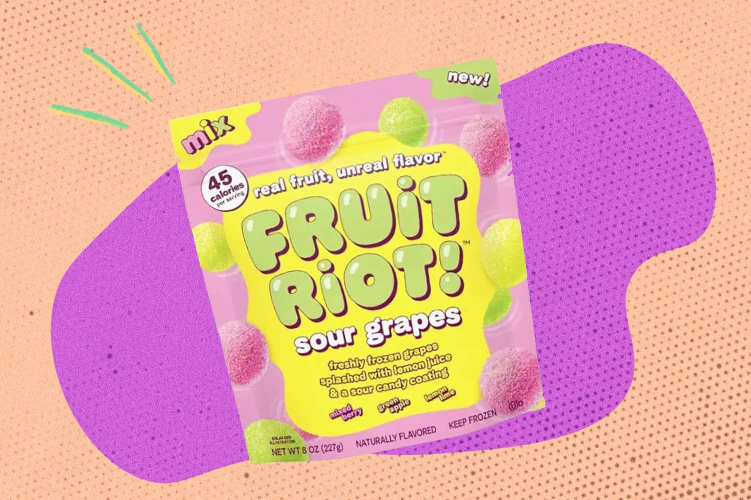 Fruit candy package labeled Fruit Riot sour grapes on a colorful background
