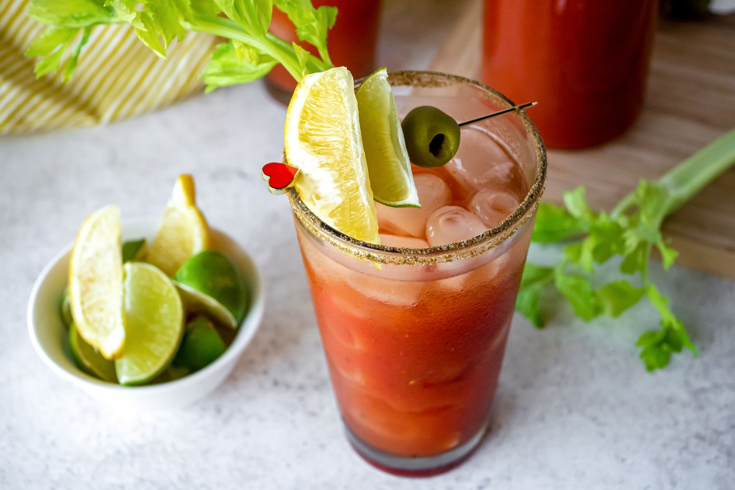 Homemade Bloody Mary mix served in a tall glass.