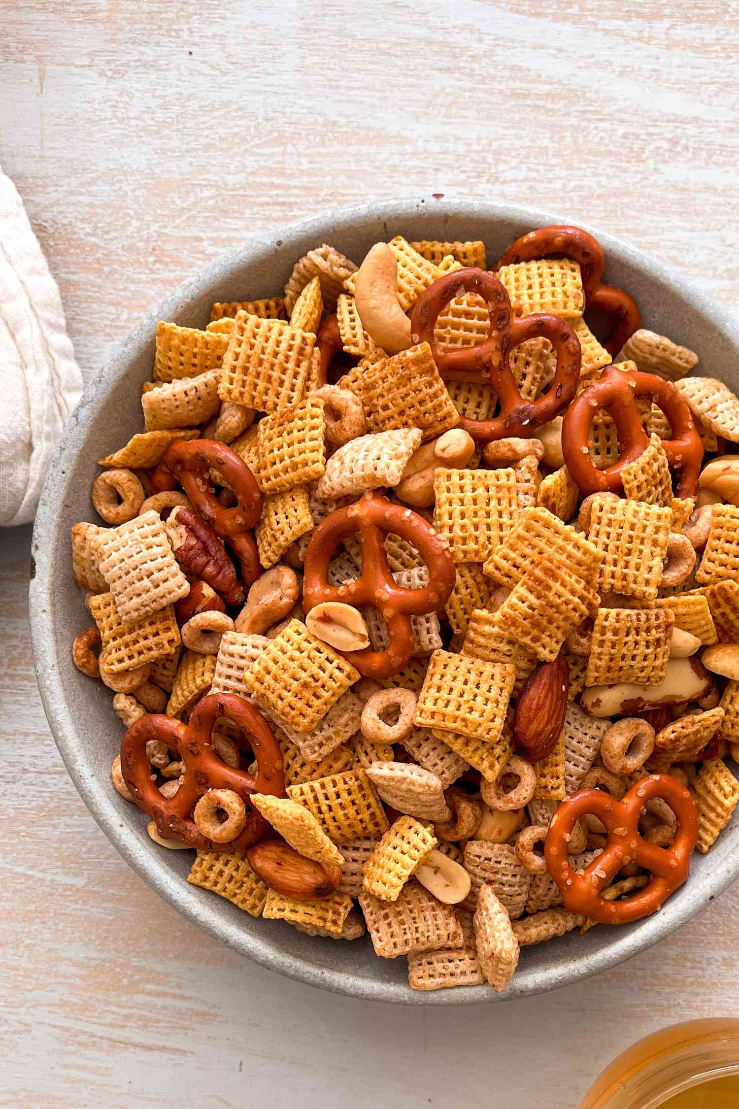 overhead view of a bowl of Grandma Jean’s Snack Mix Recipe