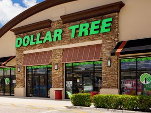 Storefront of a Dollar Tree location with signage and entrances visible, surrounded by shrubs and parking area