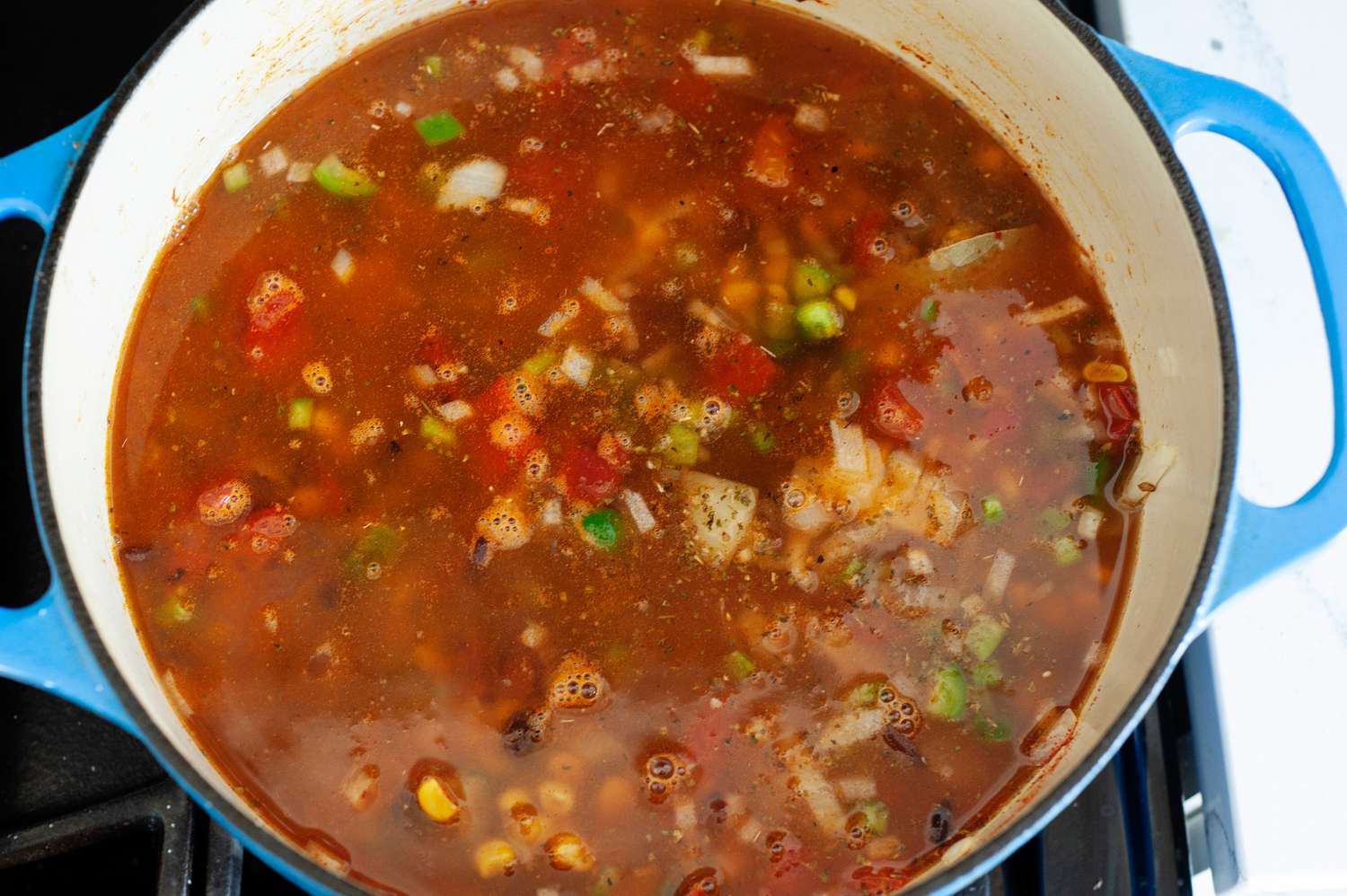 Vegetarian-friendly tortilla soup in a dutch oven.