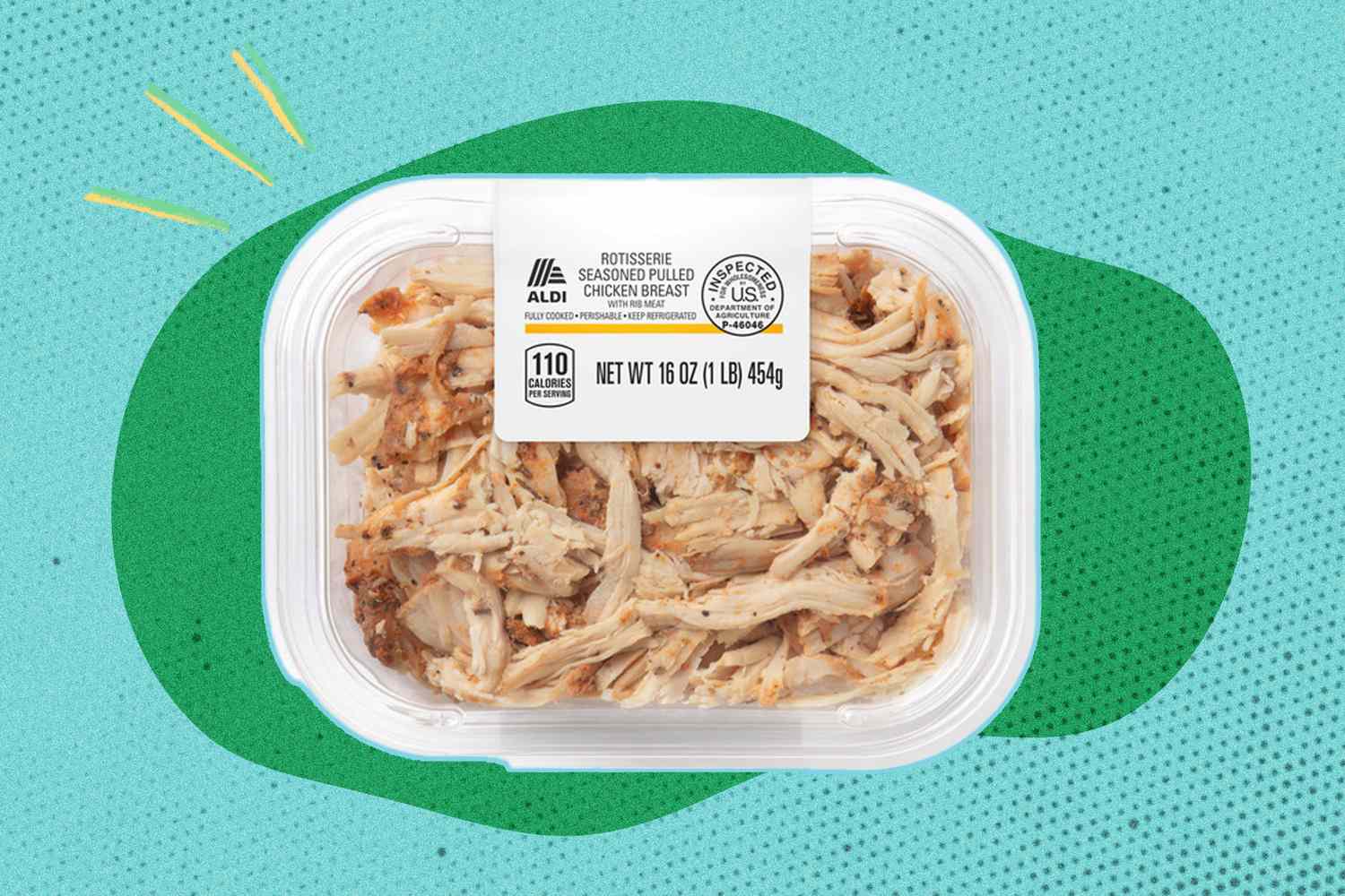 A container of Aldi seasoned pulled chicken breast with packaging visible, placed on a stylized background