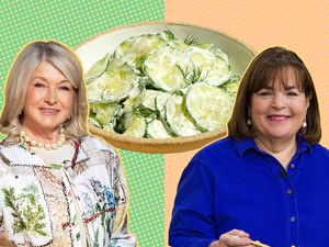 Ina Garten and Martha Stewart with a cucumber salad dish displayed between them