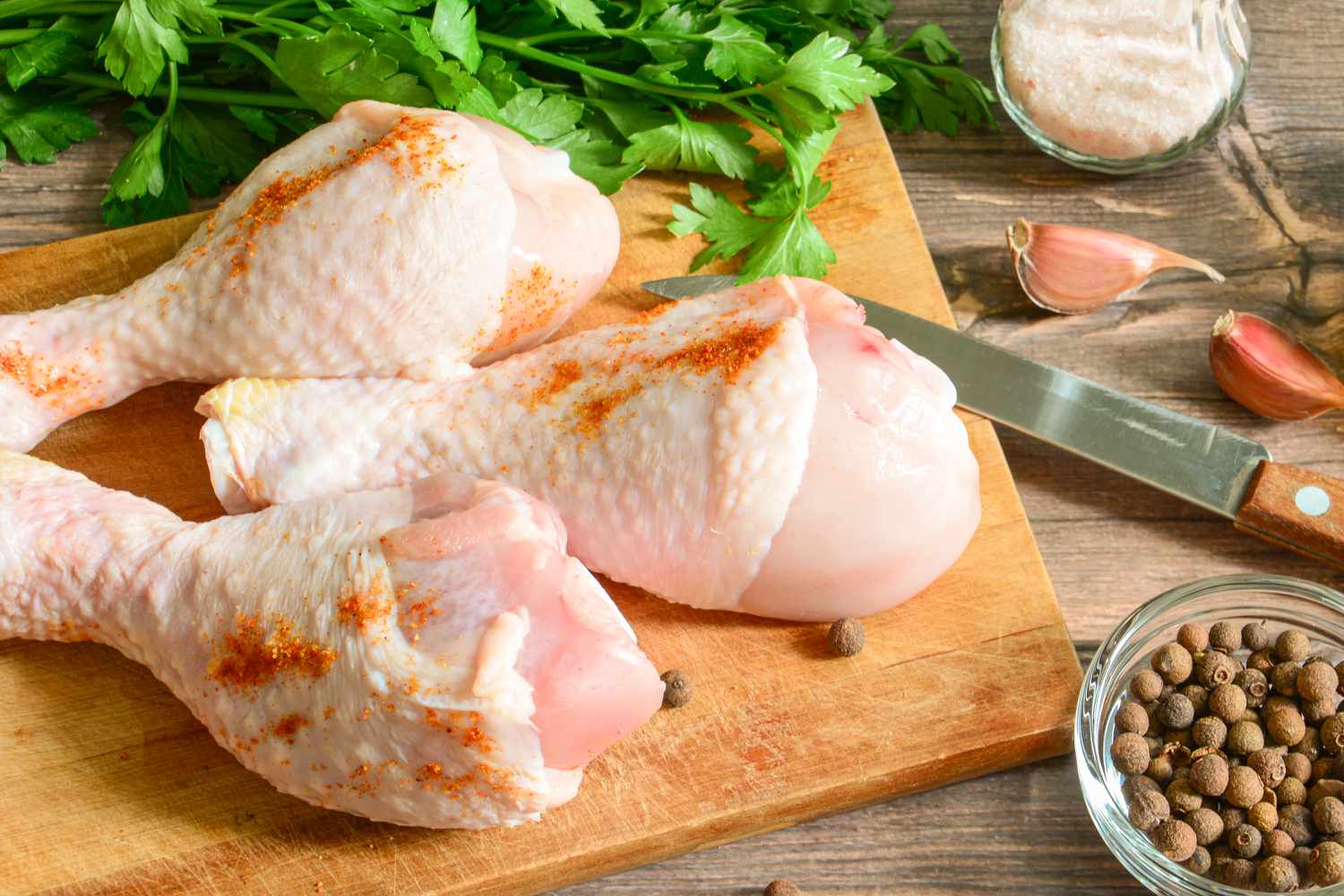 3 seasoned raw chicken legs on a cutting board