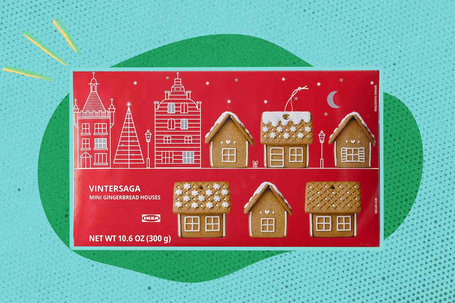 IKEA gingerbread house kit package on an illustrated background