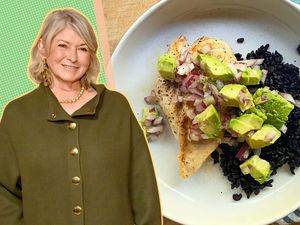 A split image of Martha Stewart and a plate with her recipe of cayenne rubbed chicken with avocado salsa