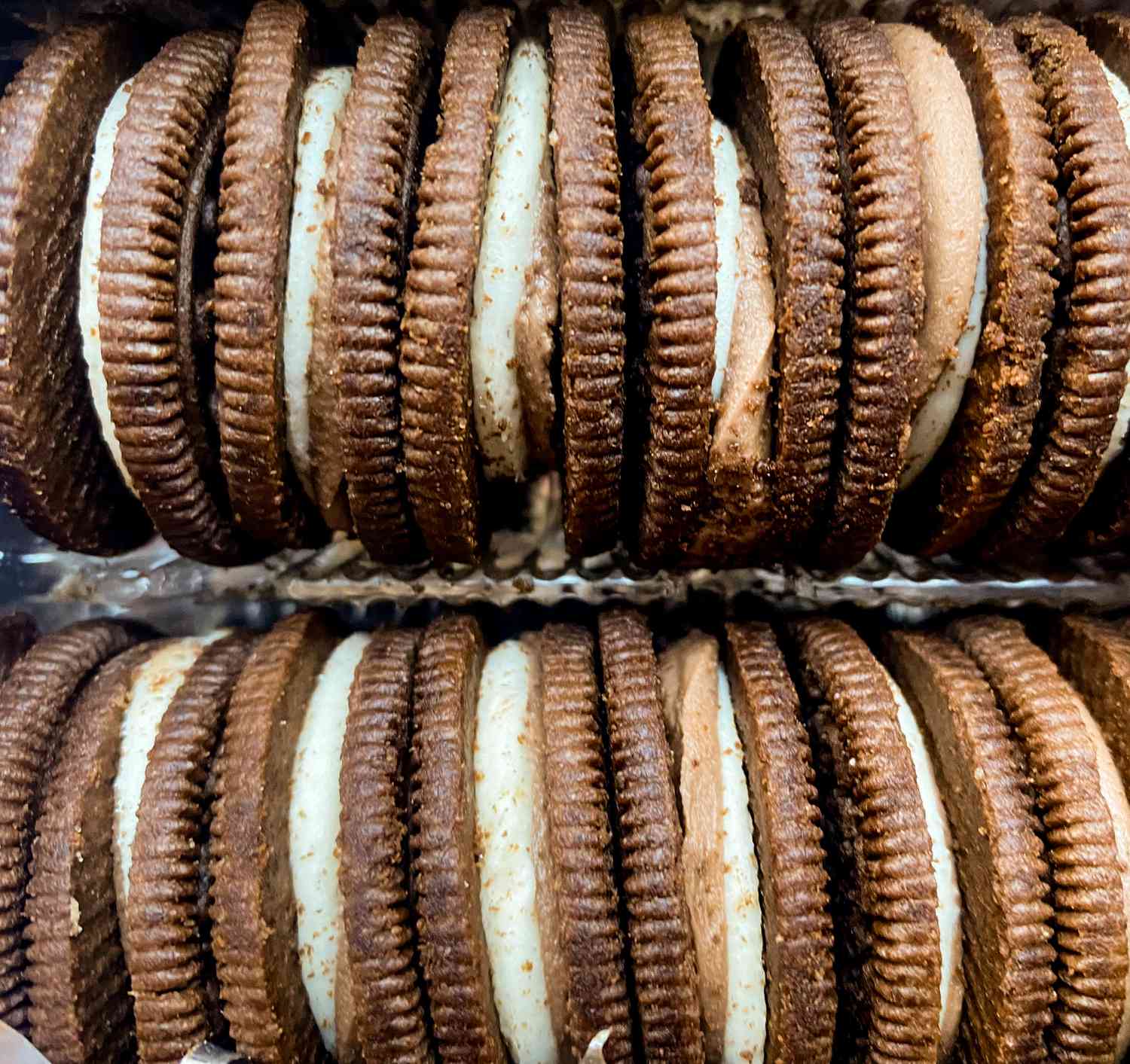 Close-up of two rows of Oreo horchata flavored sandwich cookies with cream filling