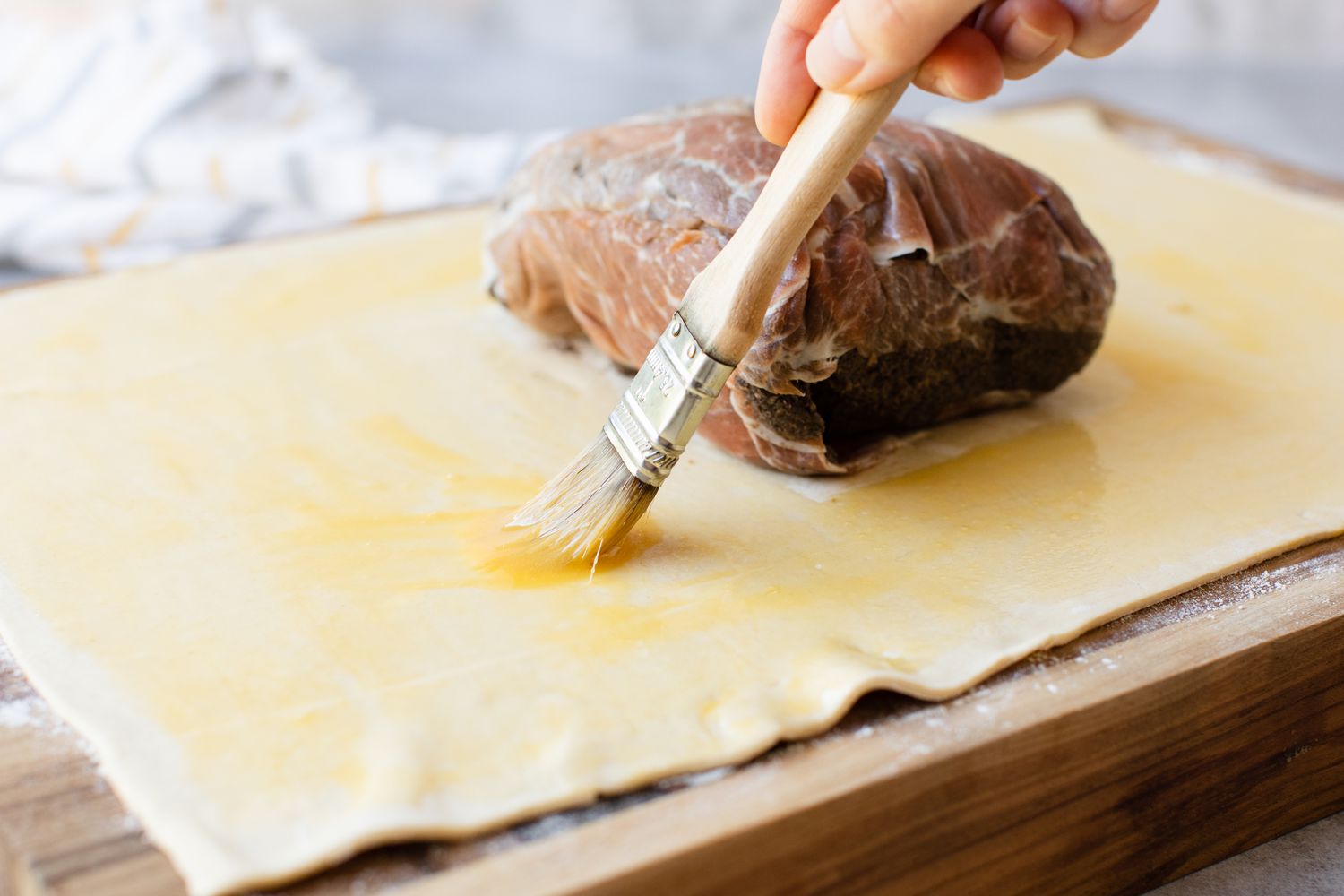 Puff Pastry Brushed with Egg Wash, Working around the Meat Parcel