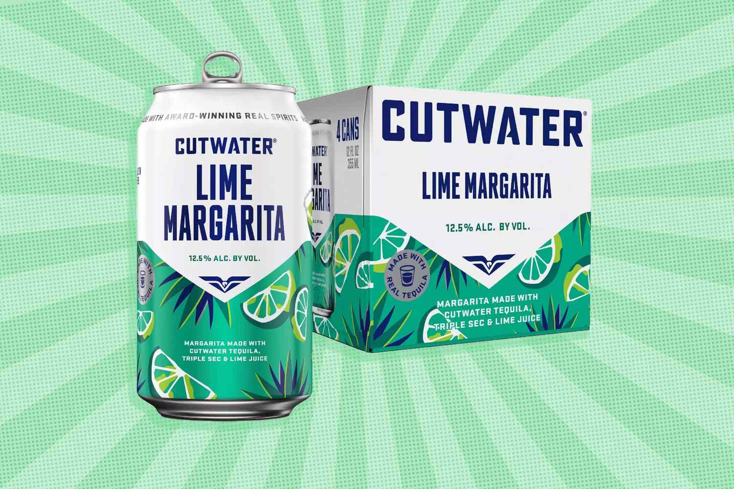 Cutwater lime margarita can and box in front of a graphic background