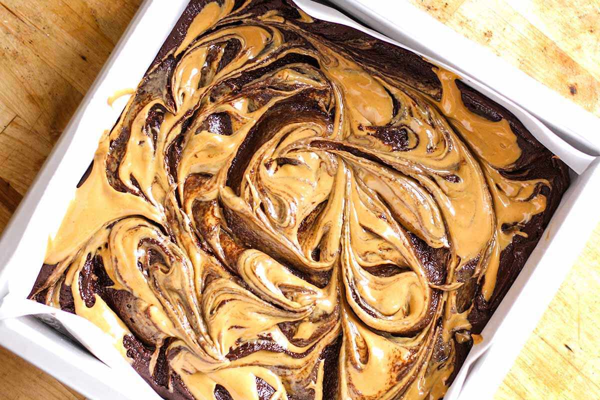 Peanut Butter Fudge Brownies swirl the peanut butter