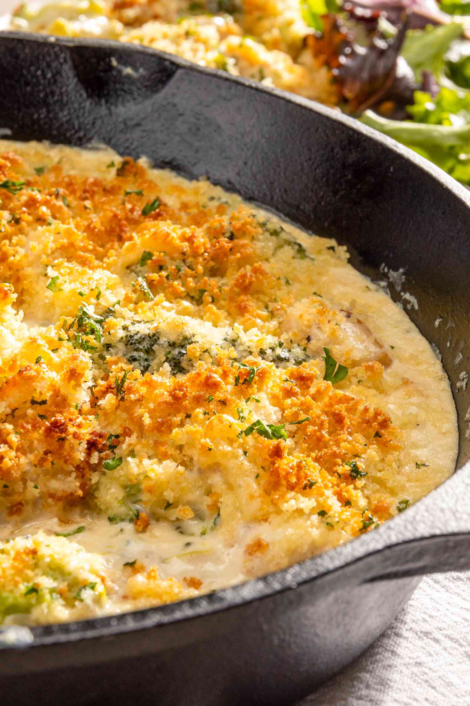 Skillet chicken divan in a cast iron skillet