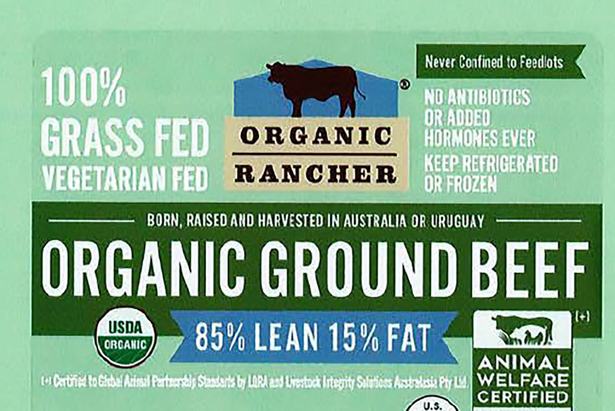 Package label for Organic Ground Beef, highlighting grass-fed and vegetarian-fed sourcing