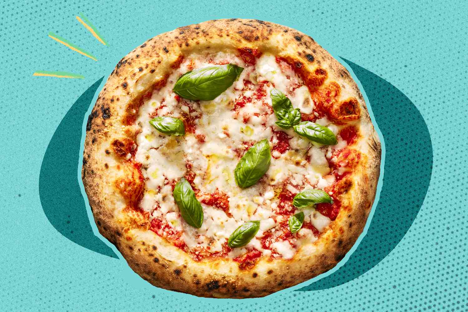 baked Genio Della Pizza over a colorful background