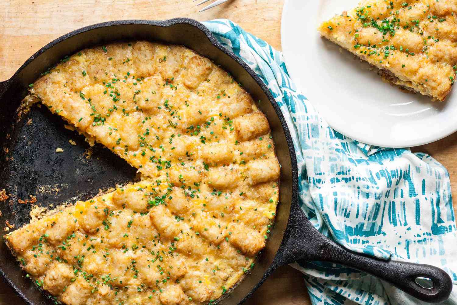 Tater Tot Breakfast Casserole in a cast iron skillet