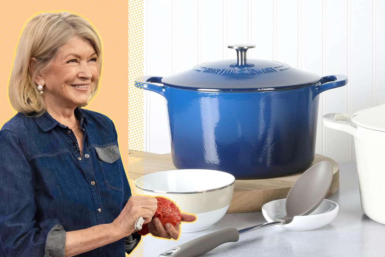 Martha Stewart peeling a tomato next to a bright blue Dutch oven