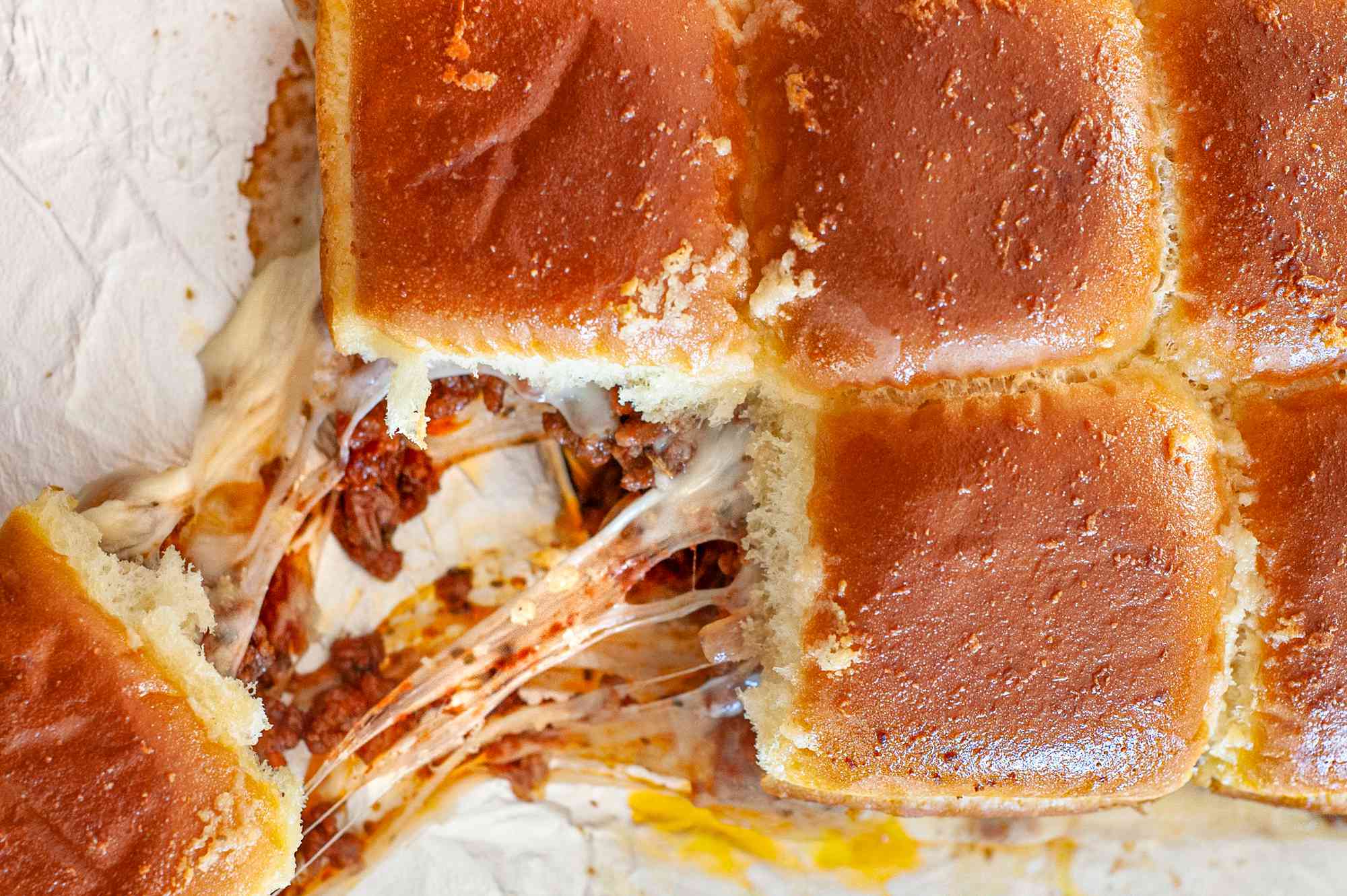Cheesy Pull with Hawaiian Roll Sliders with Meat Sauce and Parm 