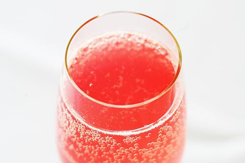 Close-up of a champagne flute of rhubarb spritzer